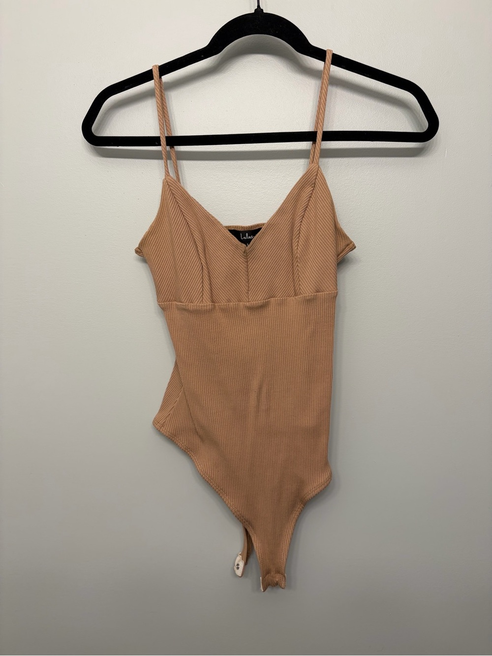 Lulu's Beige/Tan Ribbed V-Neck Spaghetti-Strap Bodysuit